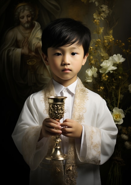 Мальчик в церкви, принимающий первое причастие