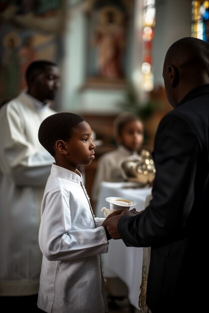 教会で最初の聖餐式を経験する若い少年