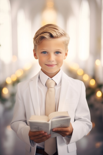 Young boy in church experiencing his first communion ceremony