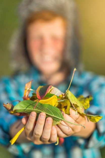 Free photo young boy holding autumn leaves