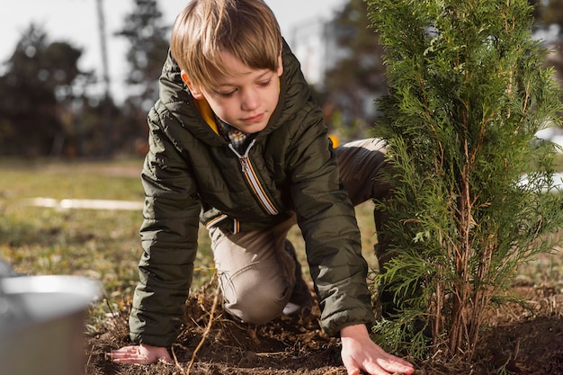 Ragazzo giovane piantare un albero all'aperto