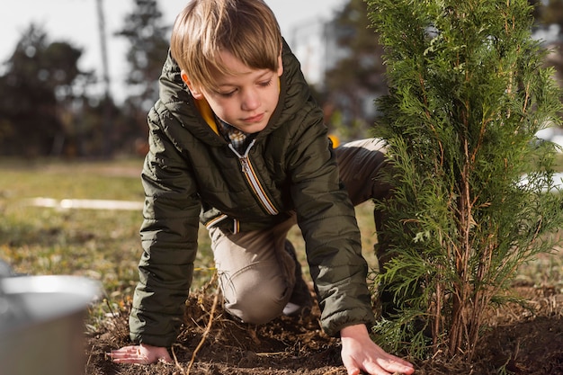 屋外で木を植える少年