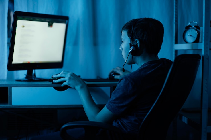 Free Photo young boy playing on computer