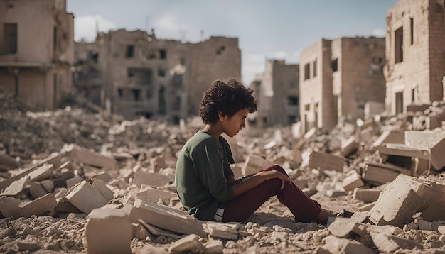 Foto gratuita giovane ragazzo seduto sulle rovine di un vecchio edificio e leggendo un libro