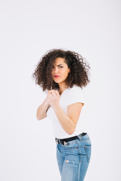 Young brunette in fighting pose