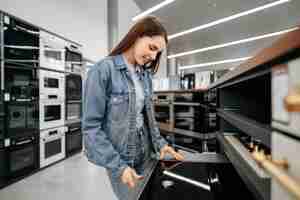 Free photo young brunette woman choosing new electric stove in a hypermarket