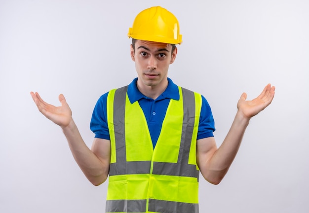 Young builder man wearing construction uniform and safety helmet confused