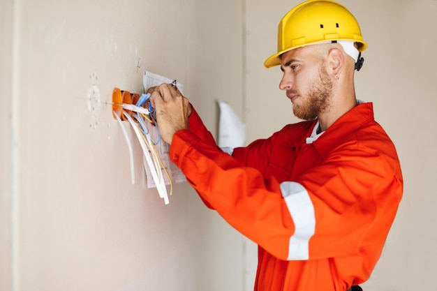 Foto gratuita giovane costruttore in abiti da lavoro arancioni e elmetto protettivo giallo che lavora premurosamente con i fili che fanno la riparazione dell'appartamento