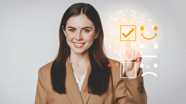 Young business woman checking on satisfaction checklist box.copy space