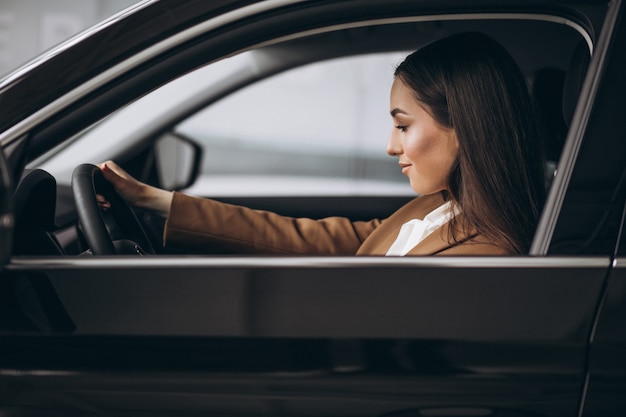 車に座っている若いビジネス女性