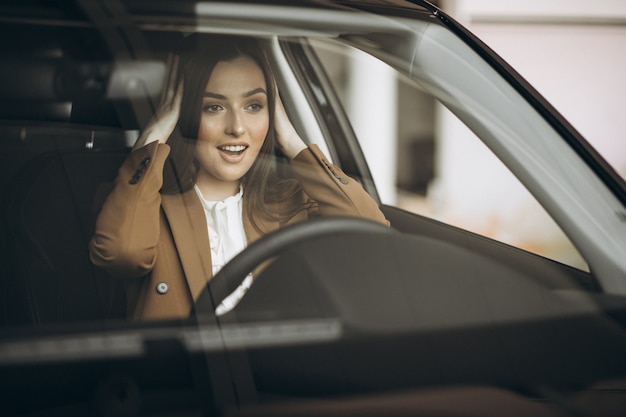 車に座っている若いビジネス女性