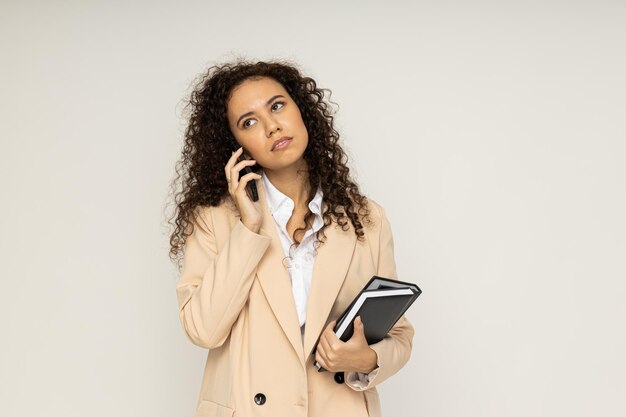 Young business woman on white background business and job