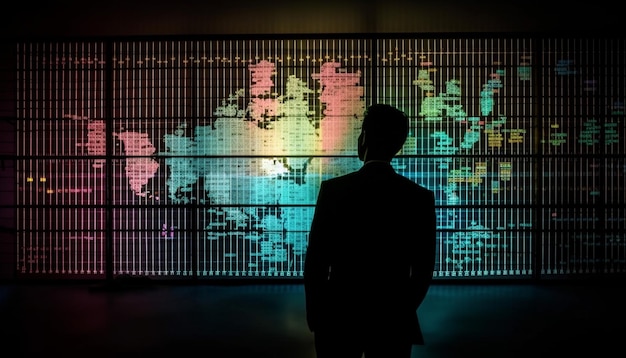 Free photo young businessman standing in front of glowing world map generated by ai