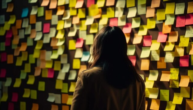 Young businesswoman brainstorming sticky note ideas at night generated by AI