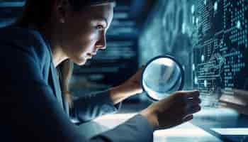 Free photo young businesswoman searches data with magnifying glass generated by ai