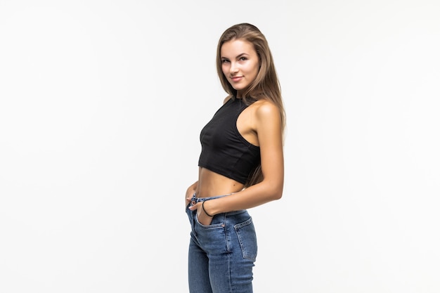 Young casual woman portrait isolated on white.