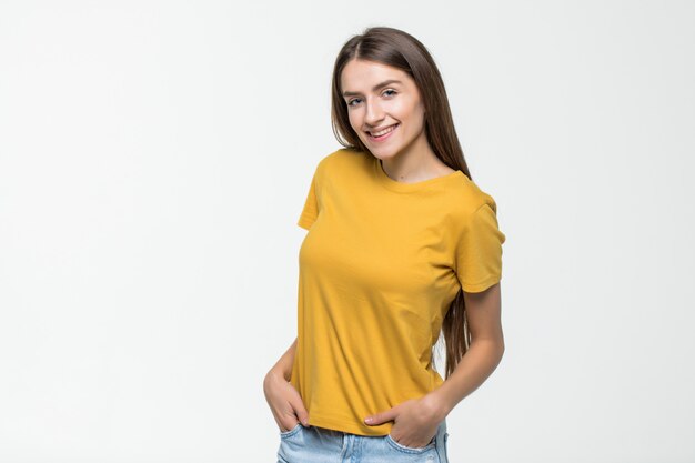 Young casual woman style isolated over white wall.
