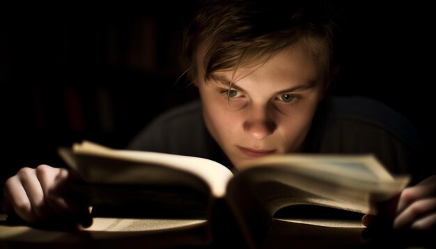 Young Caucasian boy reading bible in library generated by AI