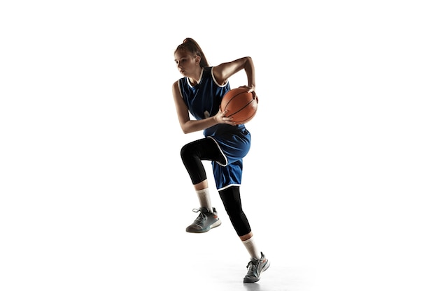 Young caucasian female basketball player of team in action, motion in jump isolated on white background.