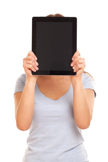 Young caucasian woman with tablet PC