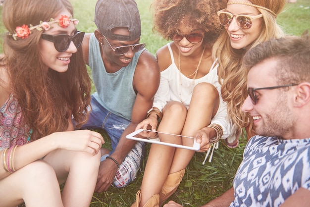 Young and cheerful people having fun together