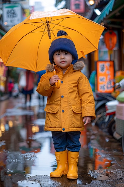 無料写真 雨が降った後,水の池で遊んで子供の頃の幸せを楽しんでいる幼い子供