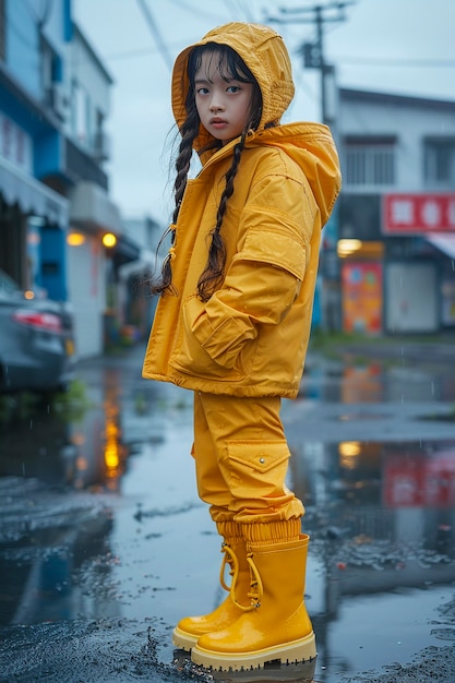 無料写真 young child enjoying childhood happiness by playing in the puddle of water after rain