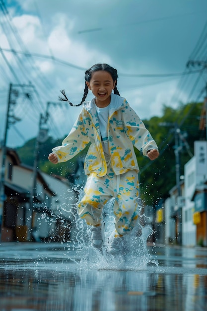 無料写真 young child enjoying childhood happiness by playing in the puddle of water after rain