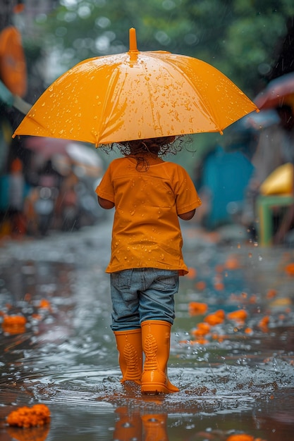 Young child enjoying childhood happiness by playing in the puddle of water after rain