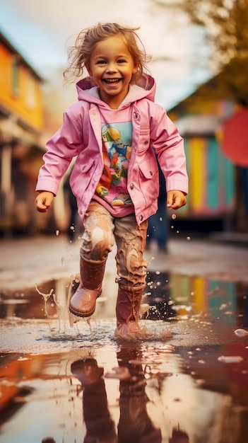 Free photo young child enjoying childhood happiness by playing in the puddle of water after rain