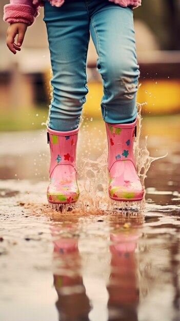 雨が降った後,水の池で遊んで子供の頃の幸せを楽しんでいる幼い子供