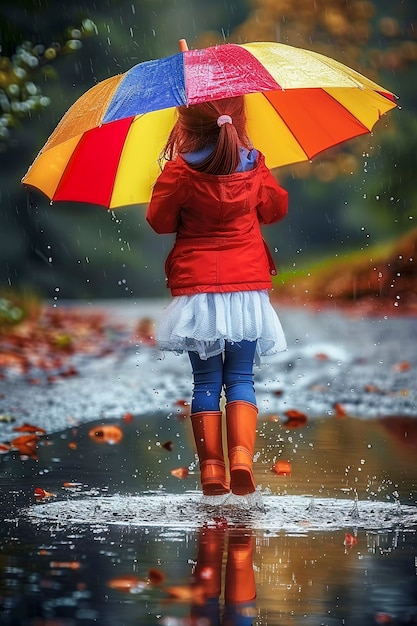 雨が降った後,水の池で遊んで子供の頃の幸せを楽しんでいる幼い子供