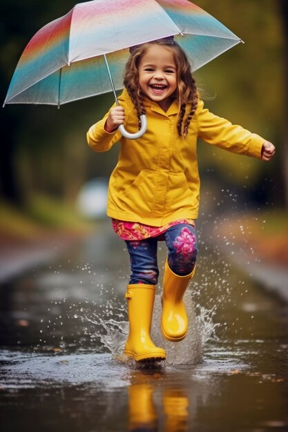 Young child enjoying childhood happiness by playing in the puddle of water after rain