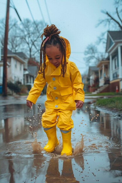 Young child enjoying childhood happiness by playing in the puddle of water after rain