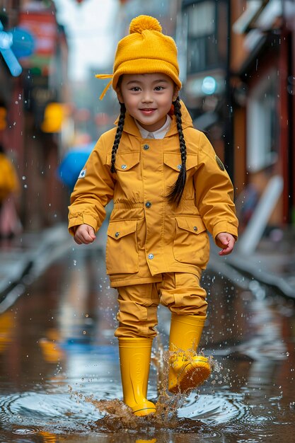 雨が降った後,水の池で遊んで子供の頃の幸せを楽しんでいる幼い子供