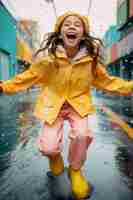 Free photo young child enjoying childhood happiness by playing in the puddle of water after rain