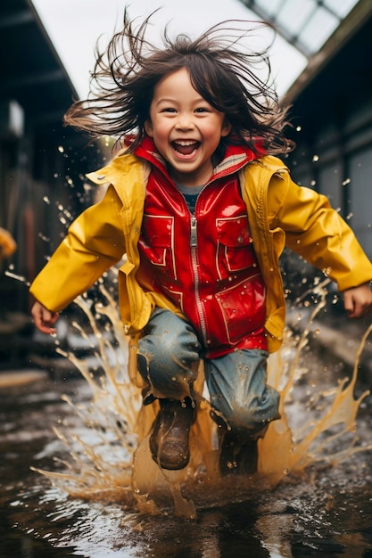 Foto gratuita bambino che si gode la felicità infantile giocando nella pozzanghera dopo la pioggia