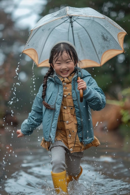 어린 아이 가 비가 내린 후 물 웅이 에서 놀면서 어린 시절 의 행복 을 즐기고 있다