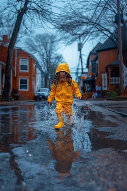 Free photo young child enjoying childhood happiness by playing in the puddle of water after rain