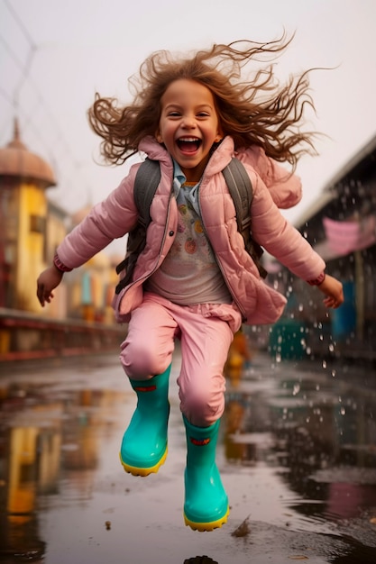 Free photo young child enjoying childhood happiness by playing in the puddle of water after rain