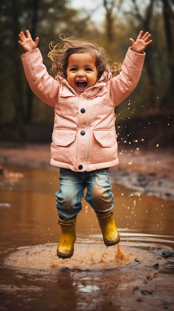 Young child enjoying childhood happiness by playing in the puddle of water after rain