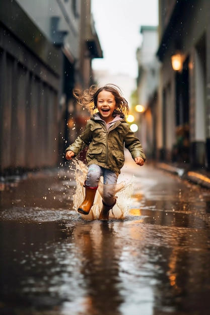 Маленький ребенок наслаждается детским счастьем, играя в луже воды после дождя
