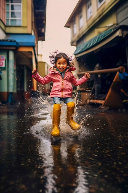 Free photo young child enjoying childhood happiness by playing in the puddle of water after rain