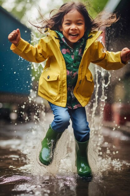 Маленький ребенок наслаждается детским счастьем, играя в луже воды после дождя