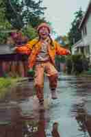 Free photo young child enjoying childhood happiness by playing in the puddle of water after rain