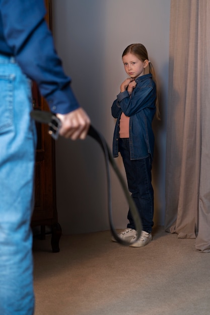 Young child suffering abuse by parent with belt