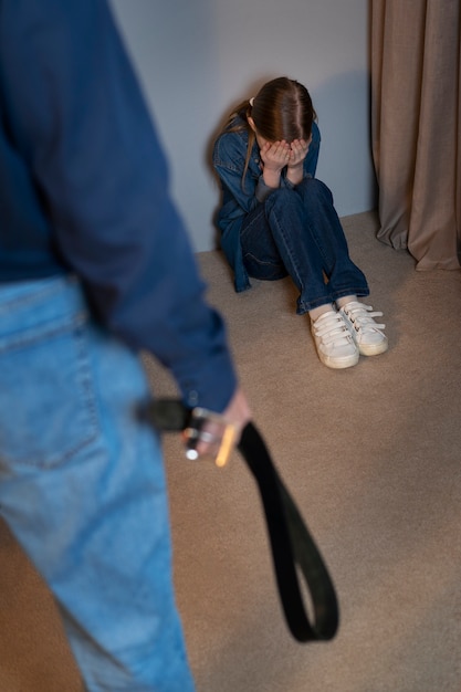 Young child suffering abuse by parent with belt