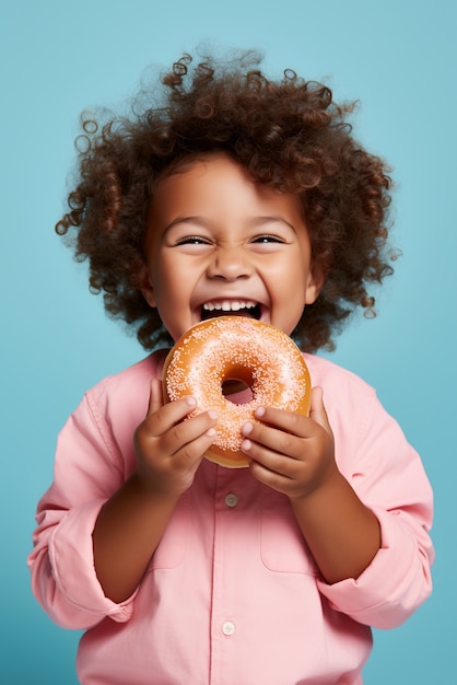Бесплатное фото Маленький ребенок с глазурным пончиком