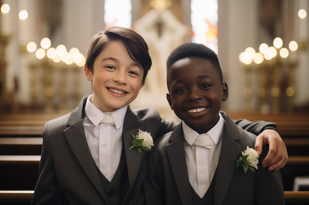 Foto gratuita bambini in chiesa che fanno la loro prima cerimonia di comunione