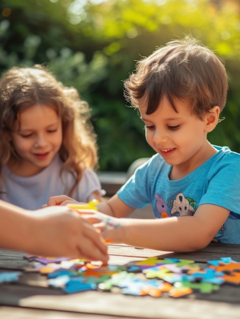 Free photo young children with autism playing together